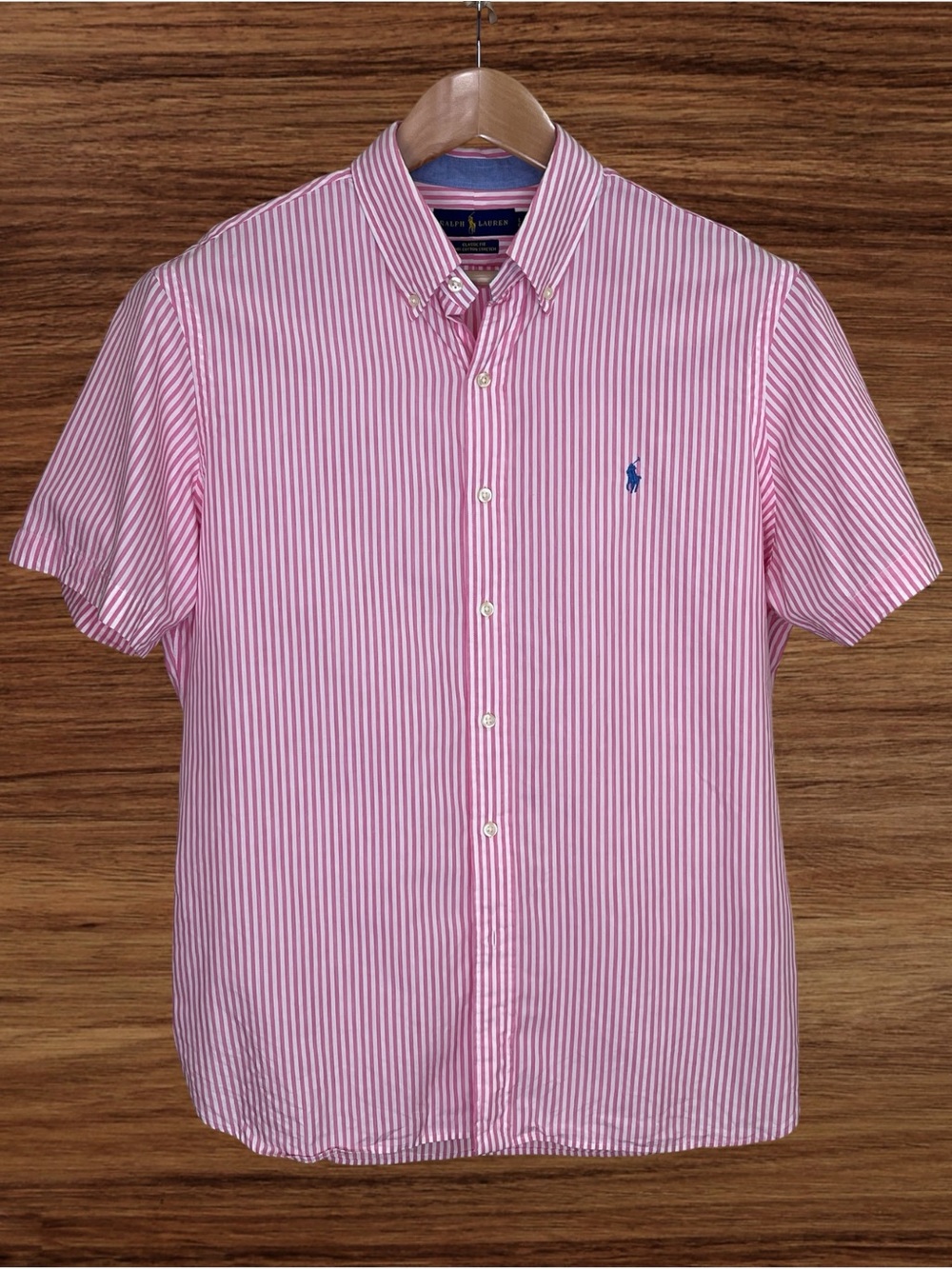 Ralph Lauren Short Sleeve Button Down Pink & White Stripes Classic Fit Medium - Picture 1 of 4
